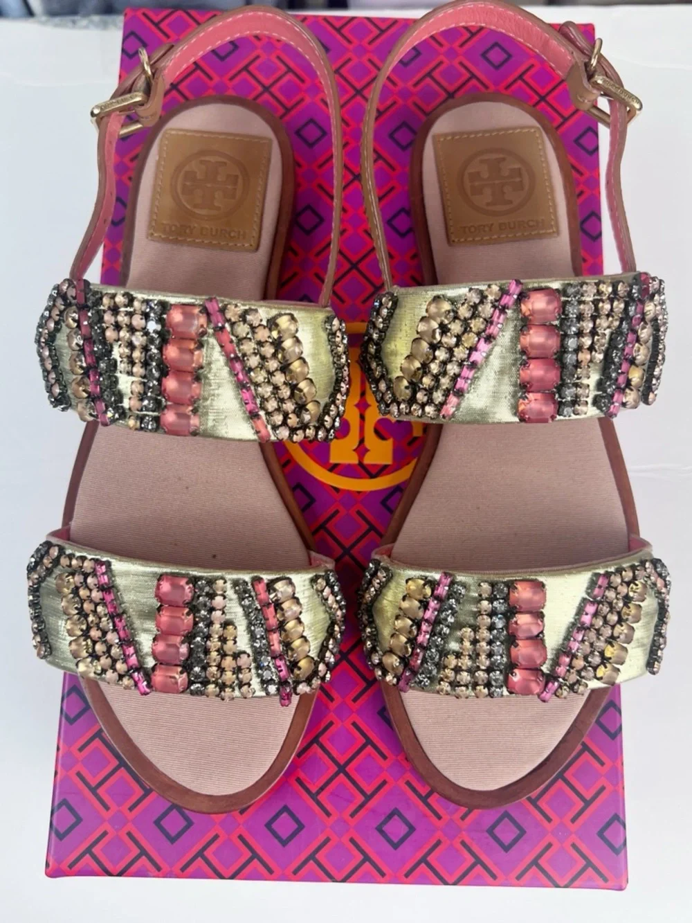 NIB Tory Burch Tanner Jeweled Embellished Metallic Strap Sandals in Pink/Tan
